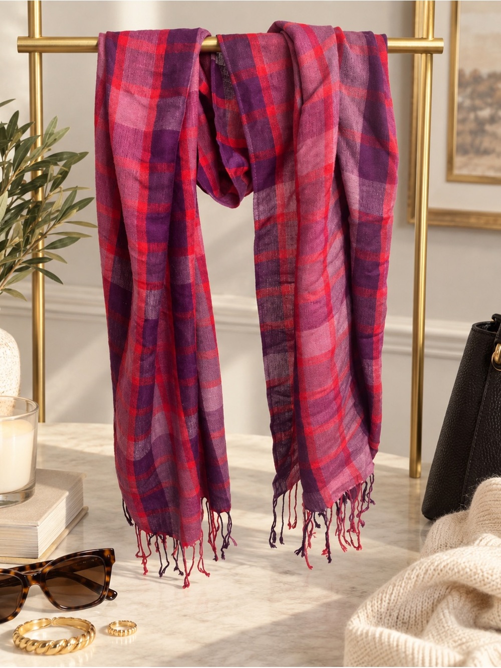 Pashmina Red and Purple Plaid Lightweight Scarf Wrap